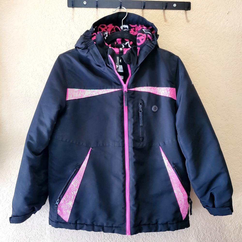 Athleta●Girl Jacket Black W/Pink‎ Accents●Hooded-Zip-Snap Coat●Heavy●Size XL